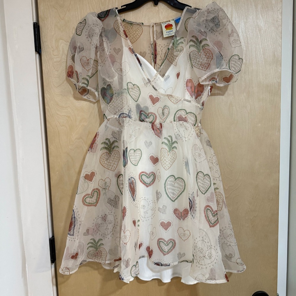 Farm Rio x Anthropologie Semi-Sheer Puff-Sleeve Mini Heart Dress White Small